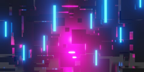 3d rendering illustration of gaming background abstract, cyberpunk style of gamer wallpaper, neon glow light of scifi metaverse, cube box in the room - obrazy, fototapety, plakaty