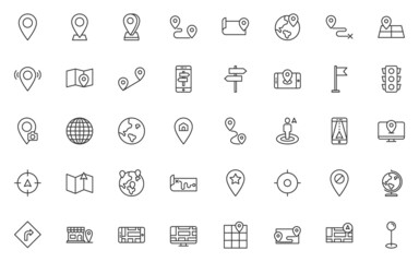 set of location line icons, map, gps