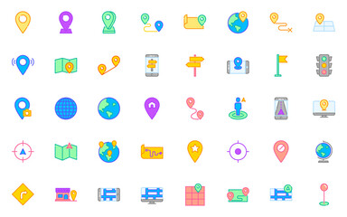 set of location line icons, map, gps