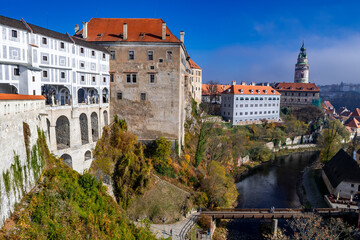 Fototapeta na wymiar Cloak Bridge (Plastovy Most) And Castle In The City Of Cesky Krumlov In The Czech Republic