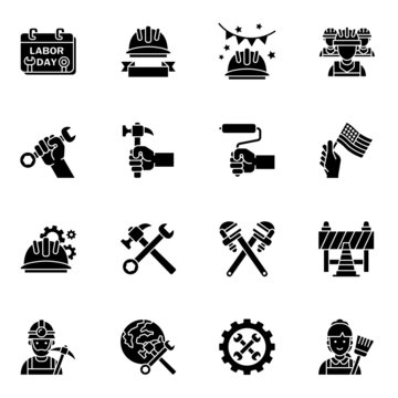 Labor day black glyph icons set 1 with white background.