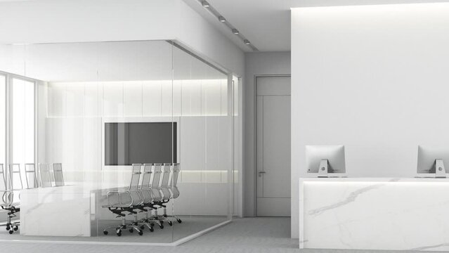 Front view of a white marble reception desk with two laptops standing on it in front of a modern office wall. with vertical garden grass wall and meeting room on carpet floor. 3d rendering, mock up
