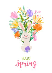 Easter spring greeting card. A bouquet of spring herbs and flowers with a cute Easter bunny holding a bright Easter egg in its paws. The inscription Hello spring.