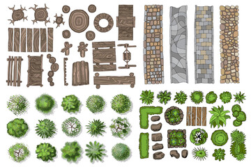 Vector set for landscape design. Outdoor furniture, pavements, architectural elements, trees and plants. (top view) 