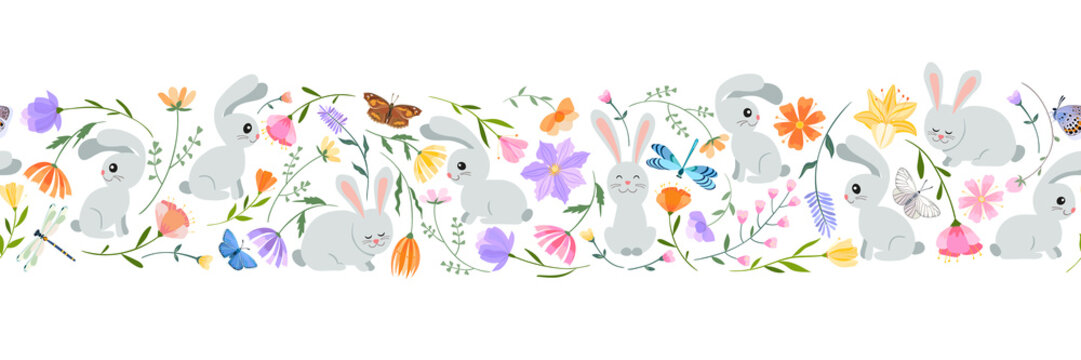 Easter spring seamless border. Bright colorful Easter eggs, spring flowers and herbs, cute Easter bunnies, butterflies and dragonflies.