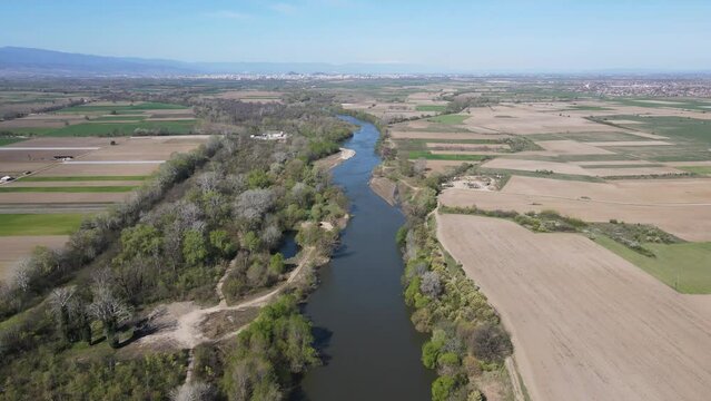 Aerial view of Chepelarska River, pouring into the Maritsa River near city of Plovdiv, Bulgaria