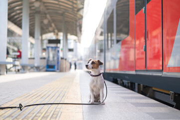 Jack Russell Terrier dog sits alone at the train station outdoors.