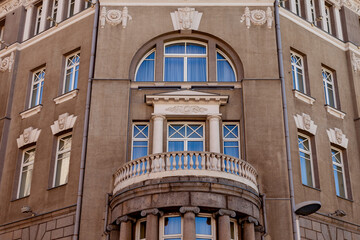 Moscow, Russia, April 6, 2022. Typical historical architectural in downtown, Kuznetsky most street, facade fragment