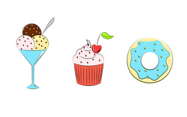 Set of delicious food icons donut, ice cream, and cupcake. Isolated food illustration for logo, posters, banners, patterns.