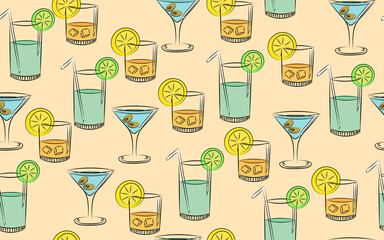Wallpaper with different alcoholic drinks. Modern tropical drink design.