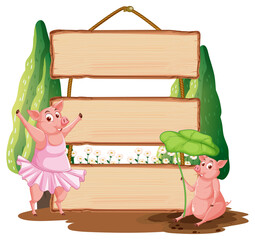 Blank wooden signboard with pig cartoon