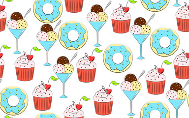Trendy seamless pattern with food. Modern wallpaper with ice cream, donuts, cupcakes. Bright background with dessert elements.