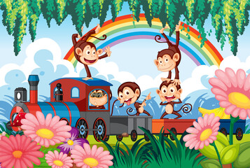 Obraz na płótnie Canvas Happy monkeys riding on the train