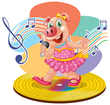 Singer piggy cartoon with music melody symbols