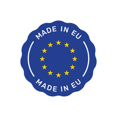 Made in Eu colorful vector badge. Label sticker with European union flag.
