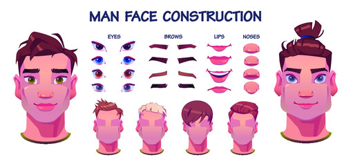 Man face constructor, avatar of cartoon creation heads, hairstyle, nose, eyes with eyebrows and lips. Facial elements for construction isolated on white background. Vector illustration.