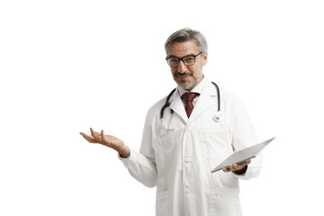 Confident Caucasian male doctor in gown suit uniform with stethoscope and tablet open wide his hands and looking to the camera while stand over white background, Medical presentation concept.