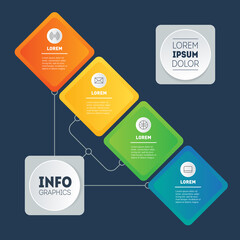 Template of diagram or mind map on dark background. Infographics of technology Sector or industrial process with 4 steps. Summary report. Business presentation concept with four options.