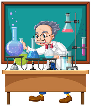 Classroom scene with scientist doing experiment