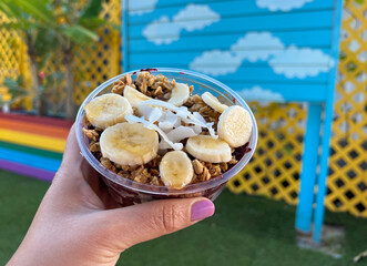 Vegan smoothie bowl with chia pudding, top view, copy space.  Acai bowl shop in Hawaii
