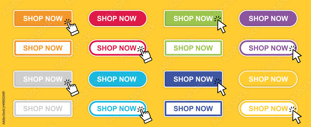 Poster buy now button with hand cursor. button hand pointer clicking. click here banner with shadow. click 