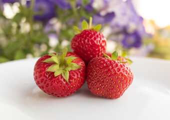 three fresh strawberries from the garden on a white table.