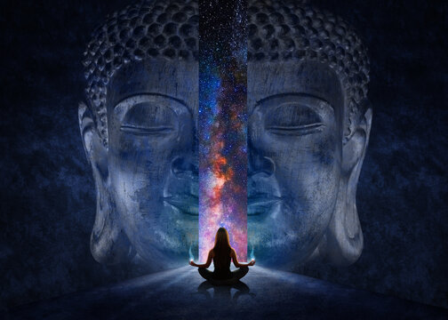 Woman meditating in front of the gate with the face of Buddha