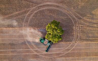 farm machinery harvesting in a field top down drone shot