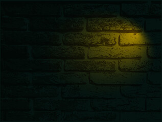 Brick vector wall with red neon light. Lighting effect yellow color glow on old grunge brick texture. Vignette design
