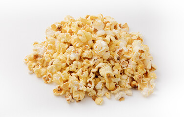Heap of delicious cheese popcorn isolated on white background. View from above. Snacks.
