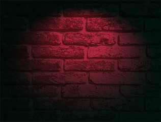 Brick vector wall with red neon light. Lighting effect yellow color glow on old grunge brick texture. Vignette design