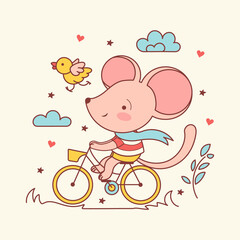 Cute baby mouse riding a bicycle. Hand drawn vector illustration.Can be used for baby t-shirt print, fashion print design, kids wear, baby shower celebration greeting and invitation card.