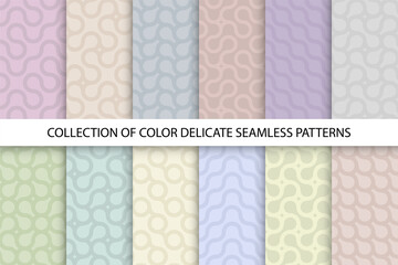 Collection of vector seamless colorful striped patterns. Trendy delicate textile design. Curve fabric backgrounds, endless minimalistic prints