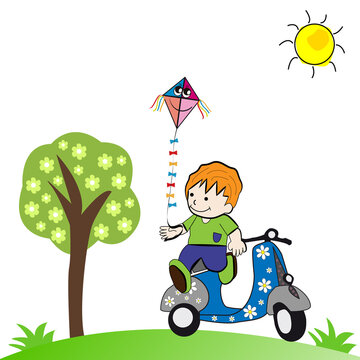 Ni&ntilde;o con cometa sentado en moto scooter.