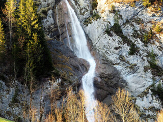 Sulzbachfall waterfall or Sulzbachfall Wasserfall in the Klöntal valley (Klontal or Kloental) and next to Lake Klöntalersee (Klontaler lake or Kloentalersee) - Canton of Glarus, Switzerland (Schweiz)