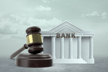 Bank building and judge's gavel, bankruptcy. Income reduction, Economic crisis, default, mortgage, loan, debt. copy space. 3D illustration, 3D rendering.