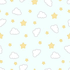 Blue background with white clouds and yellow stars