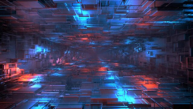 camera movement through a tunnel with abstract cubes.