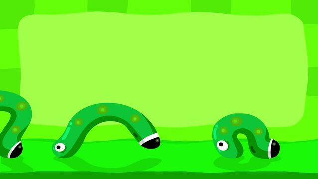 Cartoon character caterpillar animals walking loop animation for titles. Baby insect good for fairy tales, illustration, etc... Seamless loop. Alpha channel for better cute title frame cutting.