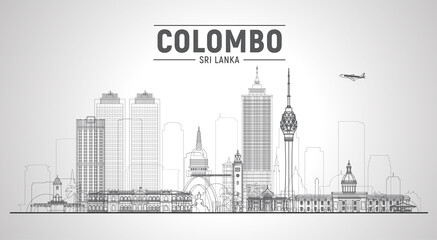 Colombo (Sri Lanka) line skyline with panorama in sky background. Vector Illustration. Business travel and tourism concept with modern buildings. Image for presentation, banner, placard and web site. - obrazy, fototapety, plakaty