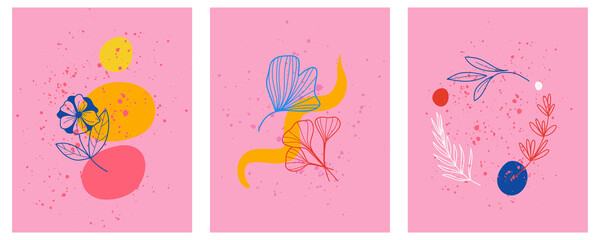 Flower minimal poster set. Hand drawn line wild flowers and leaves with abstract shape, modern wall art floral decor, social media posts and stories, bright colors botanical vector illustration
