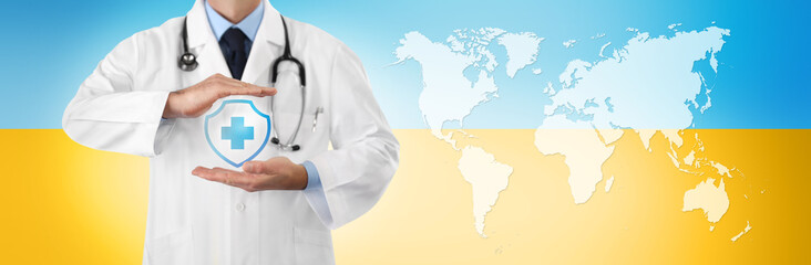 Ukraine medical protection aid concept, doctor hands showing the symbol icon of shield. Isolated on...