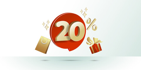 20% Off. 3D Gold Discount numbers with shopping bag and gift box vector. Price off tag design vector illustration