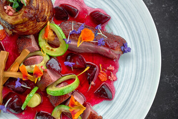 duck breast with Brunust cheese, apple and caramelized beets