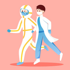 Doctors on the run to fight covid-19, vector illustration