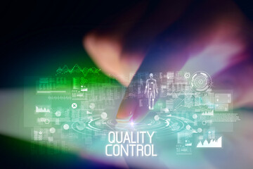 Finger touching tablet with web technology icons concept