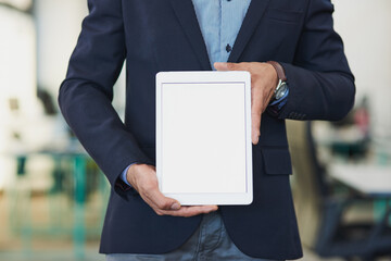 Lets get everyone talking about your business. Closeup shot of an unrecognizable businessman holding up a digital tablet with a blank screen in an office.