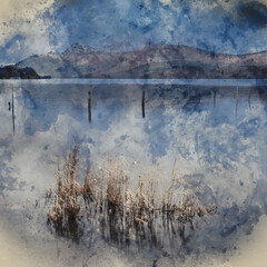 Digital watercolour painting of Beautiful landscape image of Loch Lomond and snowcapped mountain range in distance viewed from small village of Luss