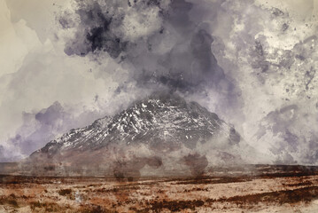 Digital watercolour painting of Beautiful Winter landscape image of Stob Dearg Buachaille Etive Mor viewed from Rannoch Moor with snowcapped peak and beautiful moody cloud formations