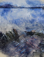 Digital watercolour painting of Beautiful landscape image of Loch Lomond and snowcapped mountain range in distance viewed from small village of Luss